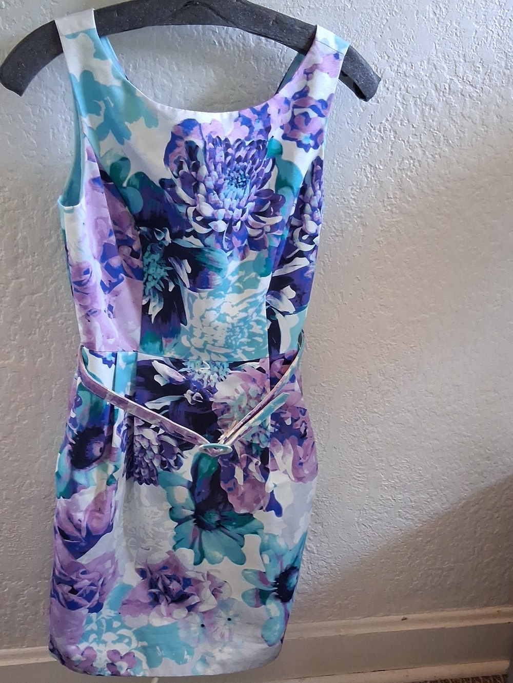 Eliza J White Floral Sheath Dress with Purple and Teal Bloom